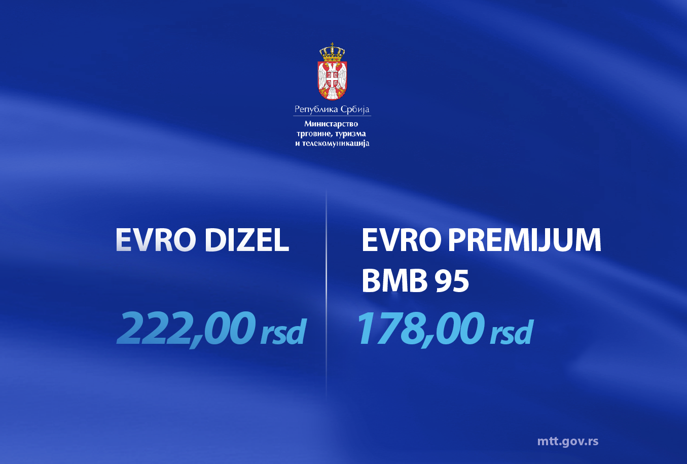   ОБАВЕШТЕЊЕ О НАЈВИШОЈ МАЛОПРОДАЈНОЈ ЦЕНИ ДЕРИВАТА НАФТЕ EVRO DIZEL И EVRO PREMIJUM BMB 95 